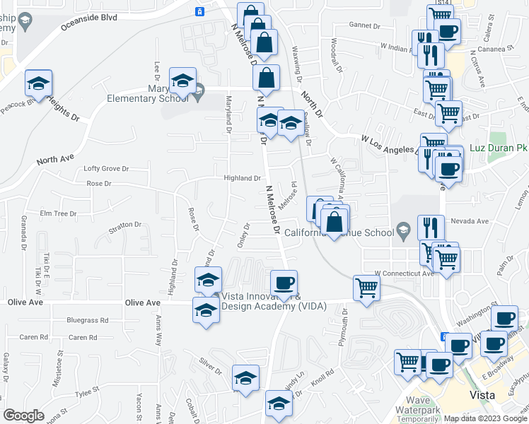 map of restaurants, bars, coffee shops, grocery stores, and more near 610 Shuboro Street in Vista