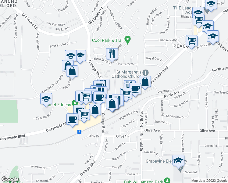 map of restaurants, bars, coffee shops, grocery stores, and more near 1945 Comanche Street in Oceanside