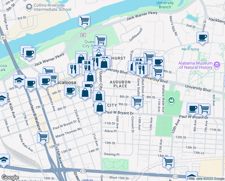 map of restaurants, bars, coffee shops, grocery stores, and more near 702 17th Avenue in Tuscaloosa