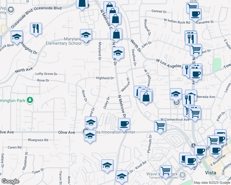 map of restaurants, bars, coffee shops, grocery stores, and more near 610 Shuboro Street in Vista