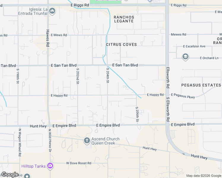 map of restaurants, bars, coffee shops, grocery stores, and more near 26218 South 204th Way in Queen Creek