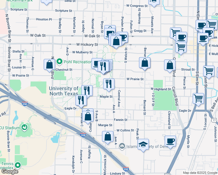 map of restaurants, bars, coffee shops, grocery stores, and more near 1301 West Highland Street in Denton