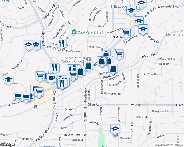 map of restaurants, bars, coffee shops, grocery stores, and more near 1605 Oceanside Boulevard in Oceanside