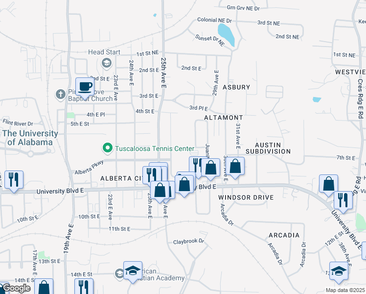 map of restaurants, bars, coffee shops, grocery stores, and more near 2700 University Boulevard East in Tuscaloosa