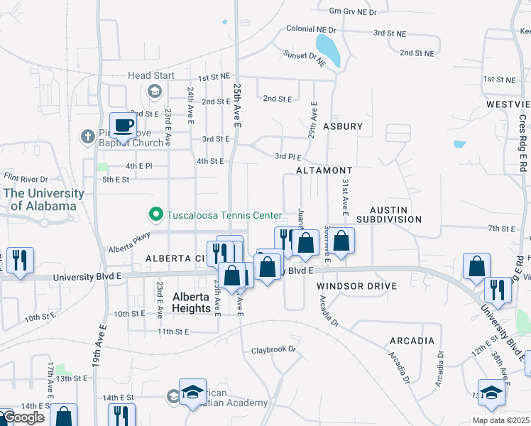 map of restaurants, bars, coffee shops, grocery stores, and more near 2700 University Boulevard East in Tuscaloosa