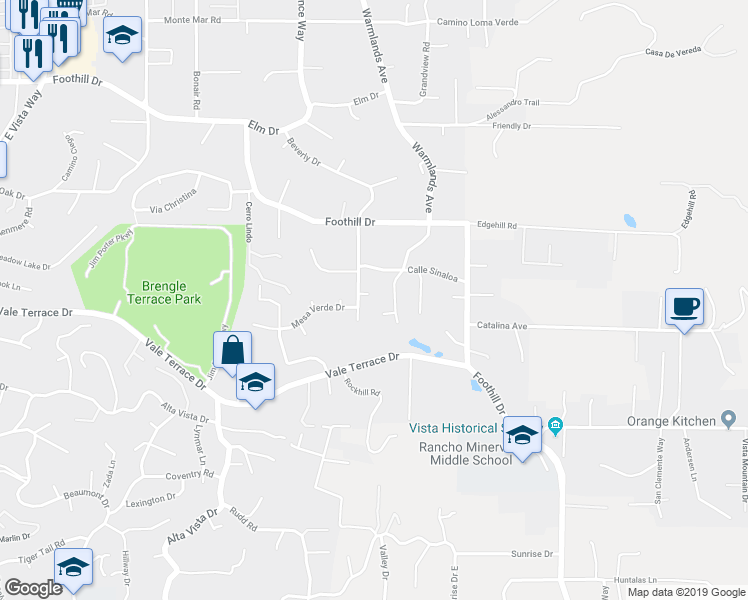 map of restaurants, bars, coffee shops, grocery stores, and more near 1819 Calle Antonio in Vista
