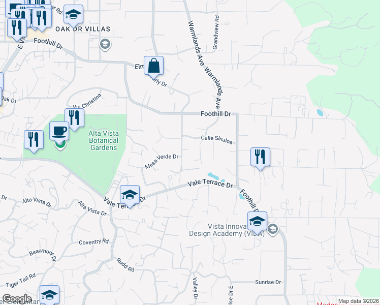 map of restaurants, bars, coffee shops, grocery stores, and more near 1819 Calle Antonio in Vista
