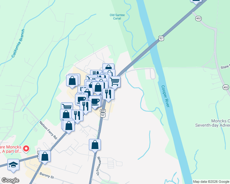 map of restaurants, bars, coffee shops, grocery stores, and more near 608 U.S. 52 in Moncks Corner