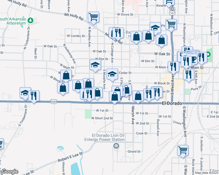 map of restaurants, bars, coffee shops, grocery stores, and more near 308 South College Avenue in El Dorado
