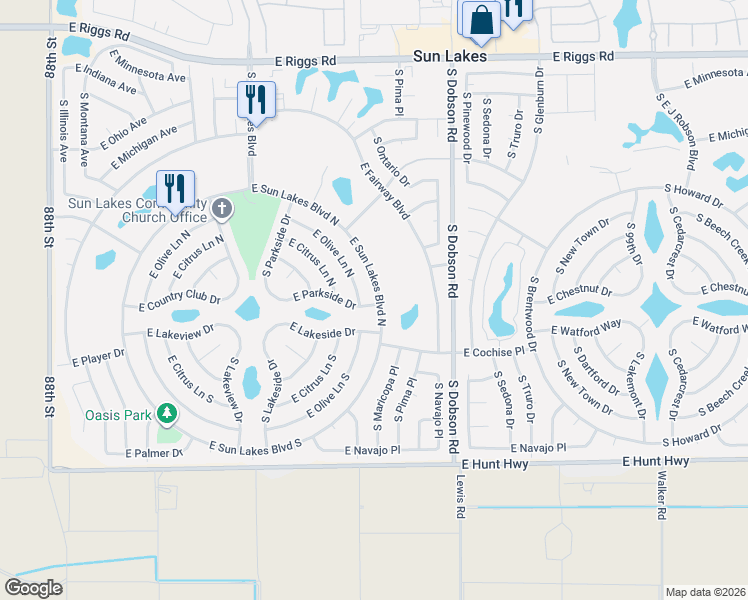 map of restaurants, bars, coffee shops, grocery stores, and more near 9438 East Sun Lakes Boulevard South in Sun Lakes