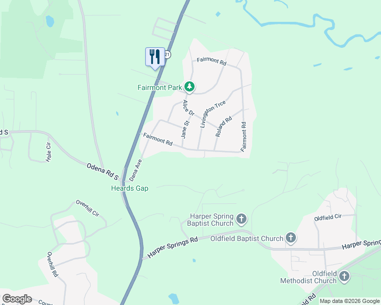 map of restaurants, bars, coffee shops, grocery stores, and more near 3301 Jane Street in Sylacauga