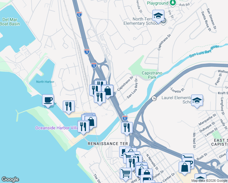 map of restaurants, bars, coffee shops, grocery stores, and more near 515 Sunset Drive in Oceanside