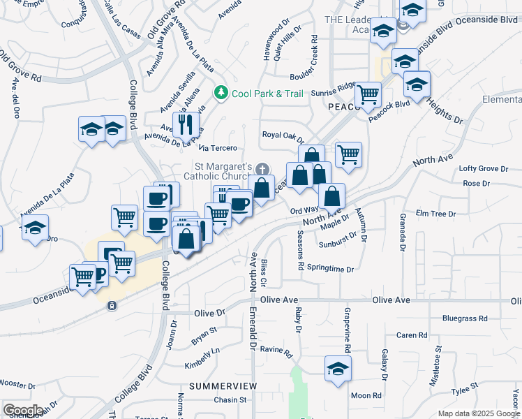 map of restaurants, bars, coffee shops, grocery stores, and more near 1605 Oceanside Boulevard in Oceanside