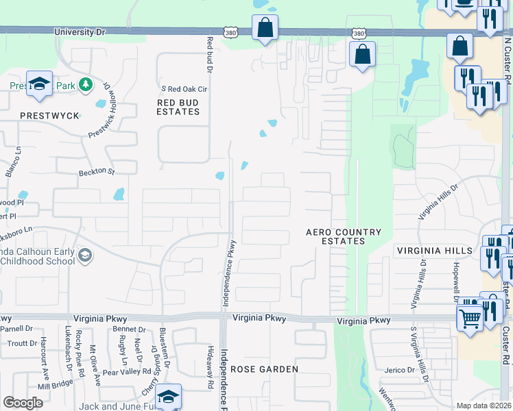 map of restaurants, bars, coffee shops, grocery stores, and more near 9913 Prairie Dog Lane in McKinney