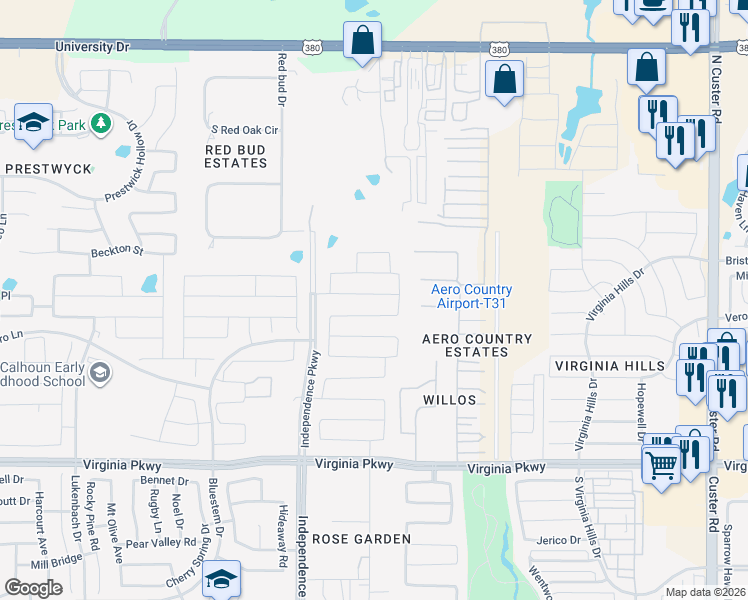 map of restaurants, bars, coffee shops, grocery stores, and more near 9829 Prairie Dog Lane in McKinney