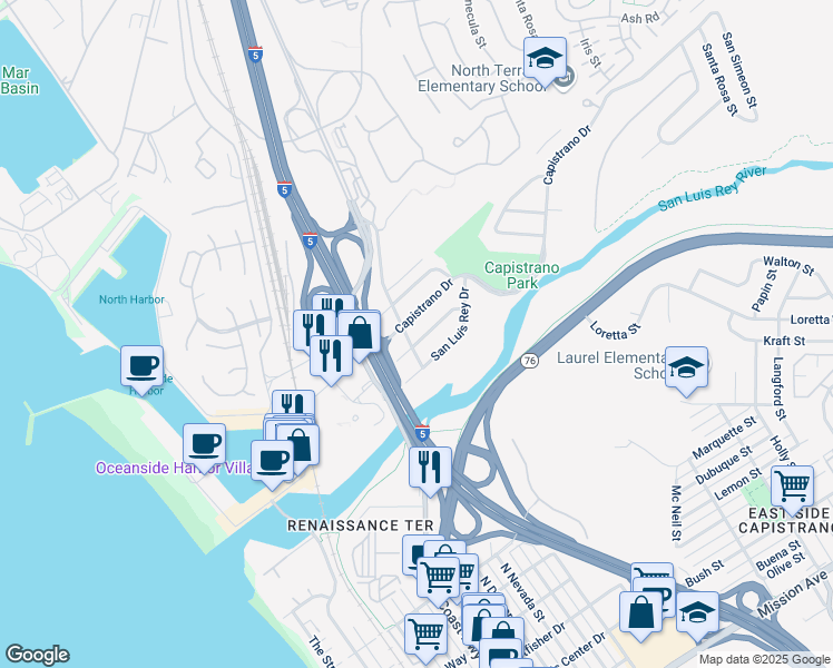 map of restaurants, bars, coffee shops, grocery stores, and more near 604 Monterey Drive in Oceanside