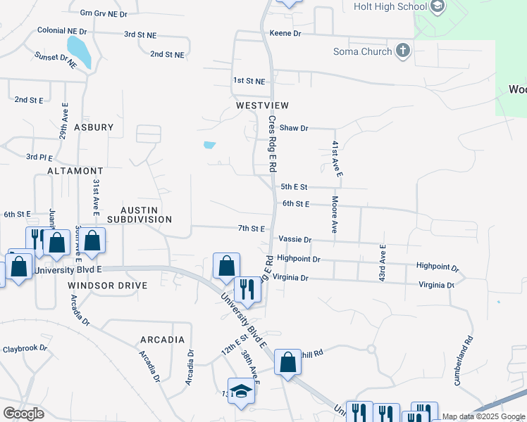 map of restaurants, bars, coffee shops, grocery stores, and more near 3726 Crescent Gardens Drive in Tuscaloosa