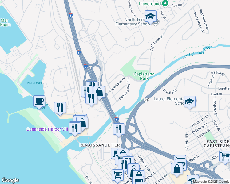 map of restaurants, bars, coffee shops, grocery stores, and more near 604 Monterey Drive in Oceanside