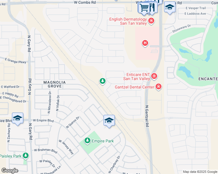 map of restaurants, bars, coffee shops, grocery stores, and more near North Chayton Drive in San Tan Valley