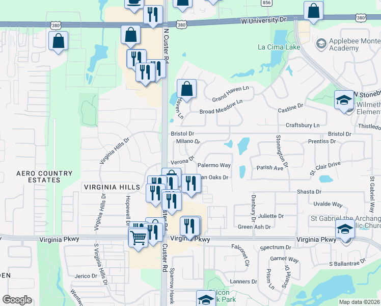 map of restaurants, bars, coffee shops, grocery stores, and more near 8705 Milano Drive in McKinney