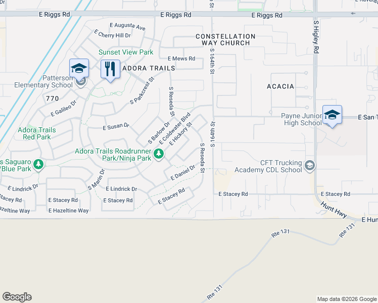 map of restaurants, bars, coffee shops, grocery stores, and more near 7704 South Reseda Street in Gilbert