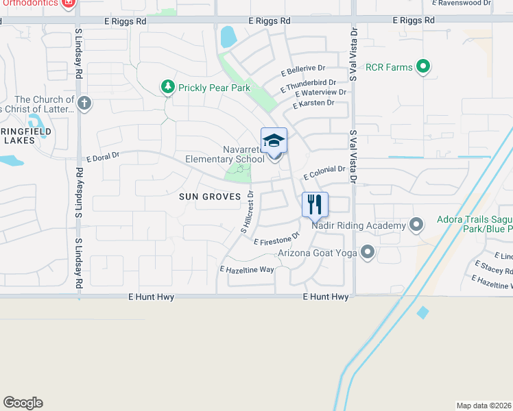 map of restaurants, bars, coffee shops, grocery stores, and more near 6541 South Silver Drive in Chandler
