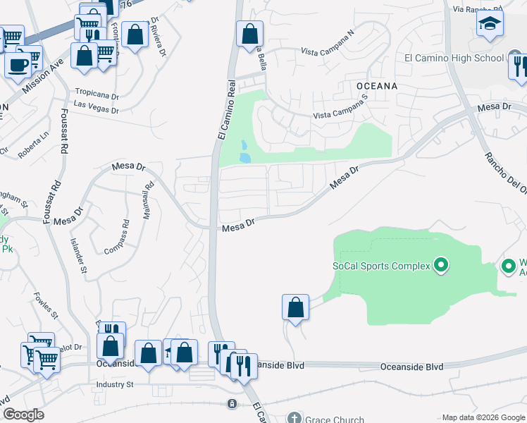 map of restaurants, bars, coffee shops, grocery stores, and more near 871-899 Pear Tree Lane in Oceanside