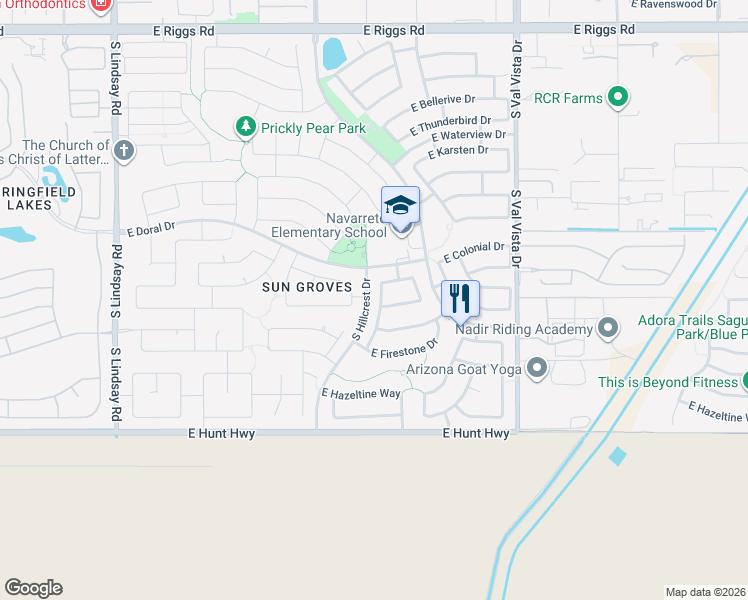 map of restaurants, bars, coffee shops, grocery stores, and more near 6541 South Silver Drive in Chandler