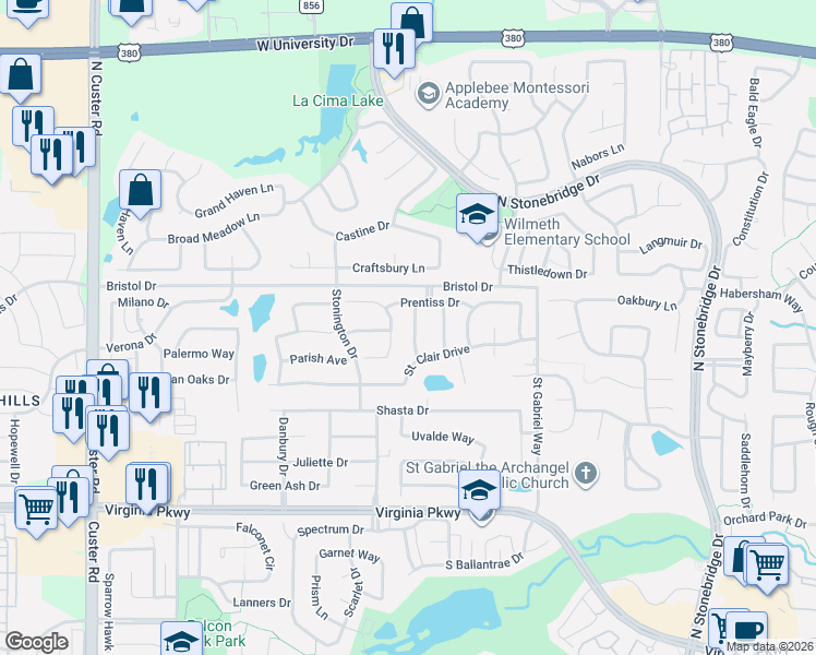 map of restaurants, bars, coffee shops, grocery stores, and more near 801 Donelson Drive in McKinney