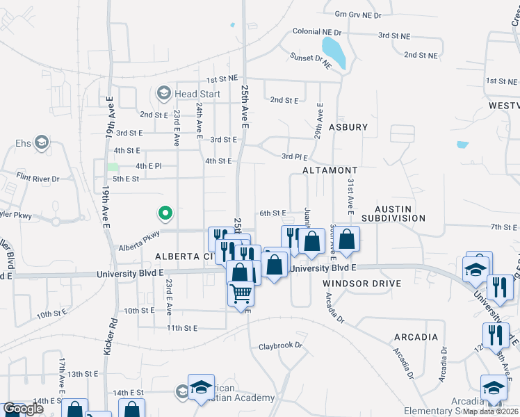 map of restaurants, bars, coffee shops, grocery stores, and more near 417 26th Avenue East in Tuscaloosa