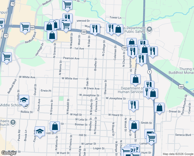 map of restaurants, bars, coffee shops, grocery stores, and more near 708 West White Avenue in McKinney