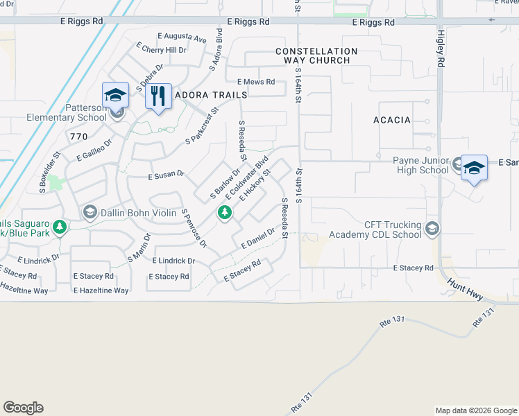 map of restaurants, bars, coffee shops, grocery stores, and more near 2672 East Gillcrest Road in Gilbert