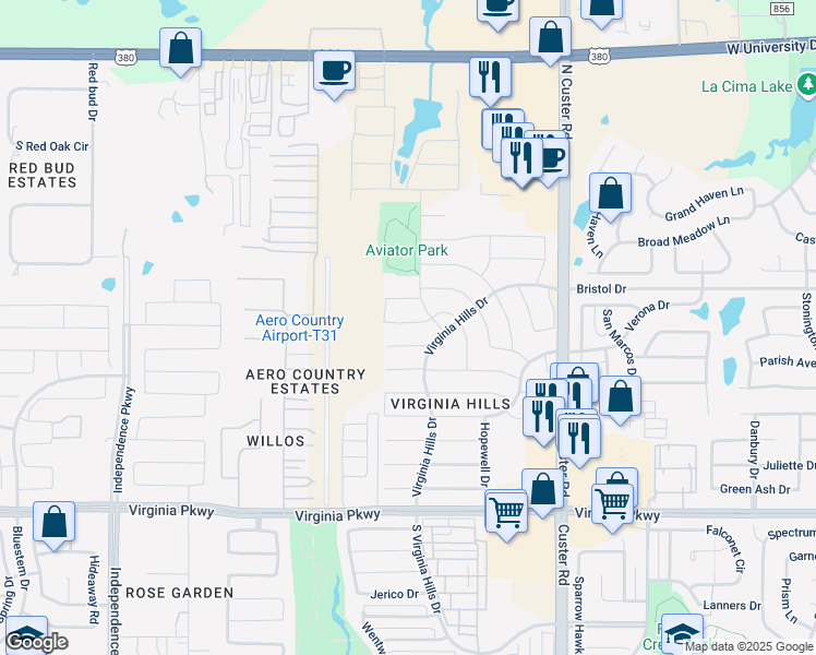 map of restaurants, bars, coffee shops, grocery stores, and more near 9313 Lenox Drive in McKinney