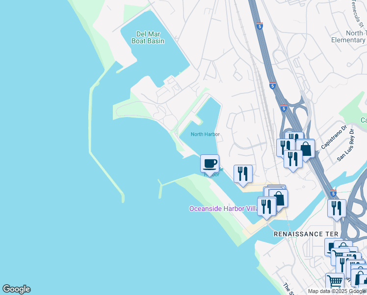 map of restaurants, bars, coffee shops, grocery stores, and more near 2008 North Harbor Drive in Oceanside