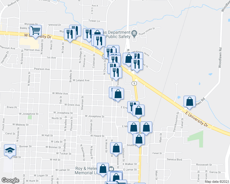 map of restaurants, bars, coffee shops, grocery stores, and more near 1203 North Tennessee Street in McKinney