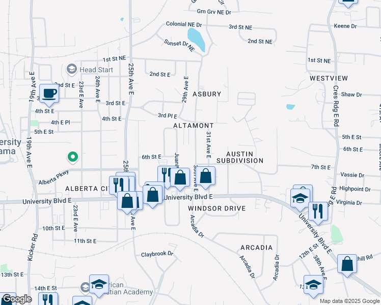 map of restaurants, bars, coffee shops, grocery stores, and more near 604 30th Avenue East in Tuscaloosa