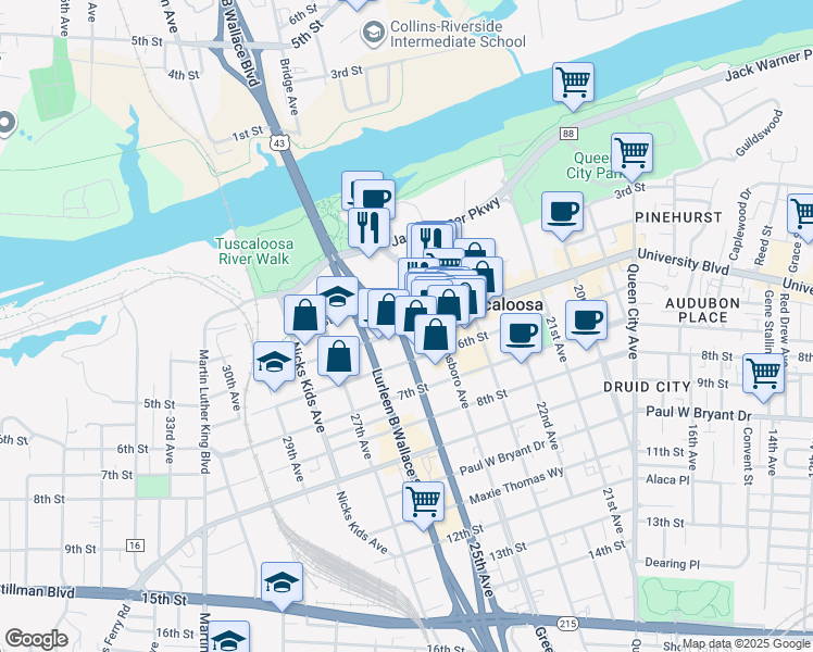 map of restaurants, bars, coffee shops, grocery stores, and more near 2436 University Boulevard in Tuscaloosa
