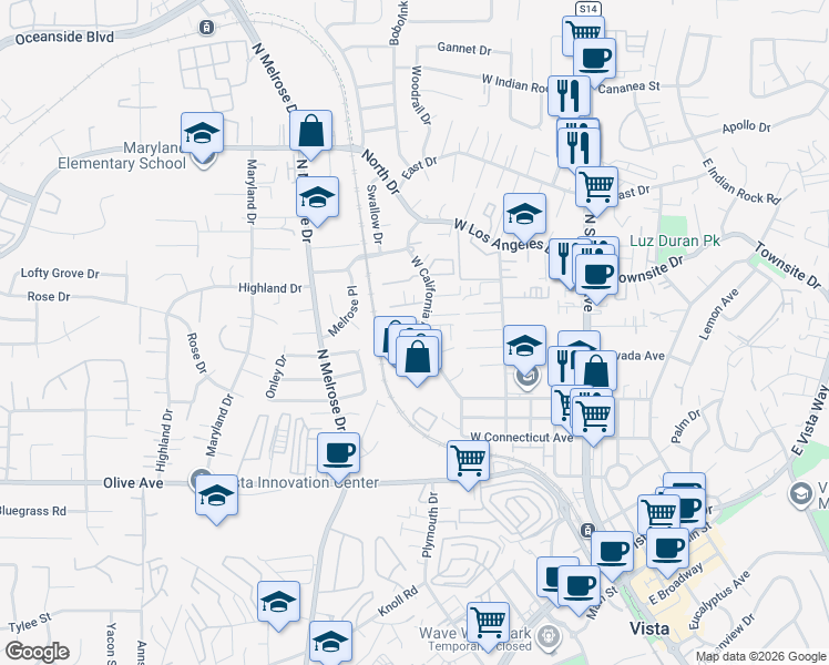 map of restaurants, bars, coffee shops, grocery stores, and more near 636 West California Avenue in Vista
