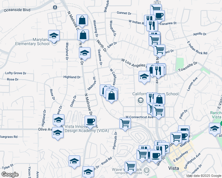 map of restaurants, bars, coffee shops, grocery stores, and more near 628 West California Avenue in Vista