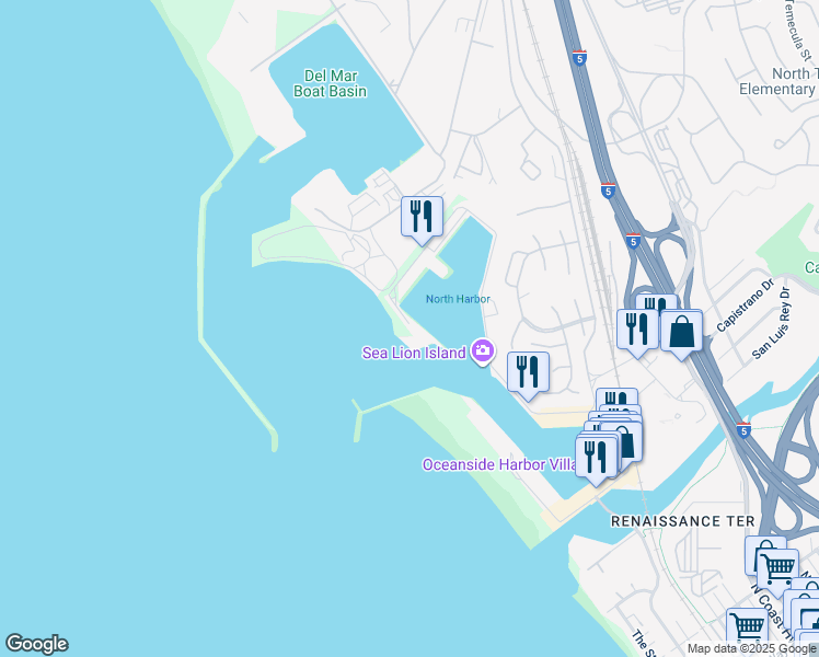 map of restaurants, bars, coffee shops, grocery stores, and more near 2008 North Harbor Drive in Oceanside