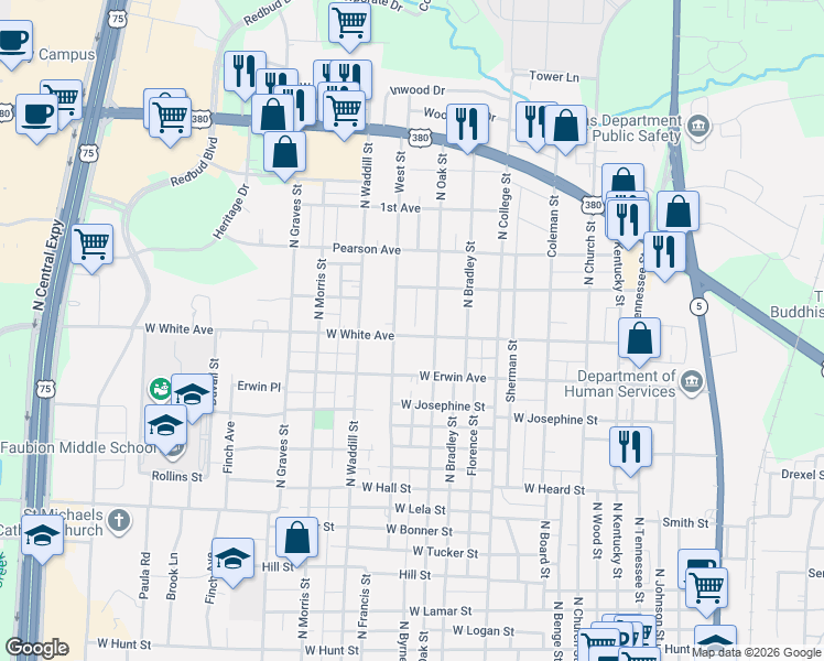 map of restaurants, bars, coffee shops, grocery stores, and more near 1002 West White Avenue in McKinney