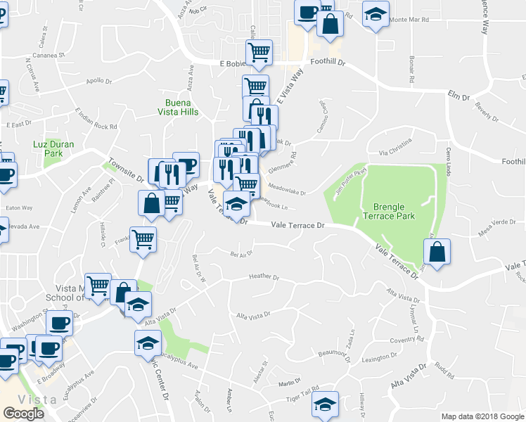 map of restaurants, bars, coffee shops, grocery stores, and more near 1000 Vale Terrace Drive in Vista