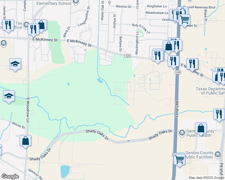 map of restaurants, bars, coffee shops, grocery stores, and more near Duchess Drive in Denton