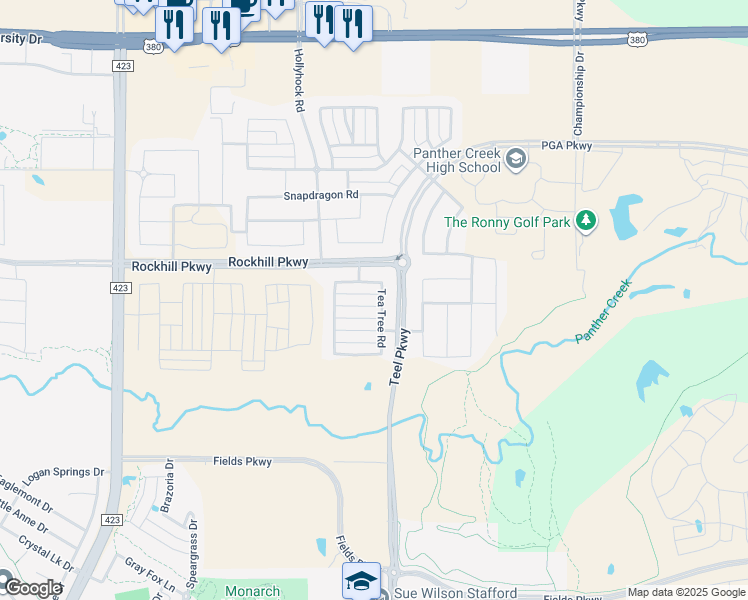map of restaurants, bars, coffee shops, grocery stores, and more near 2219 Bristlegrass Road in Frisco
