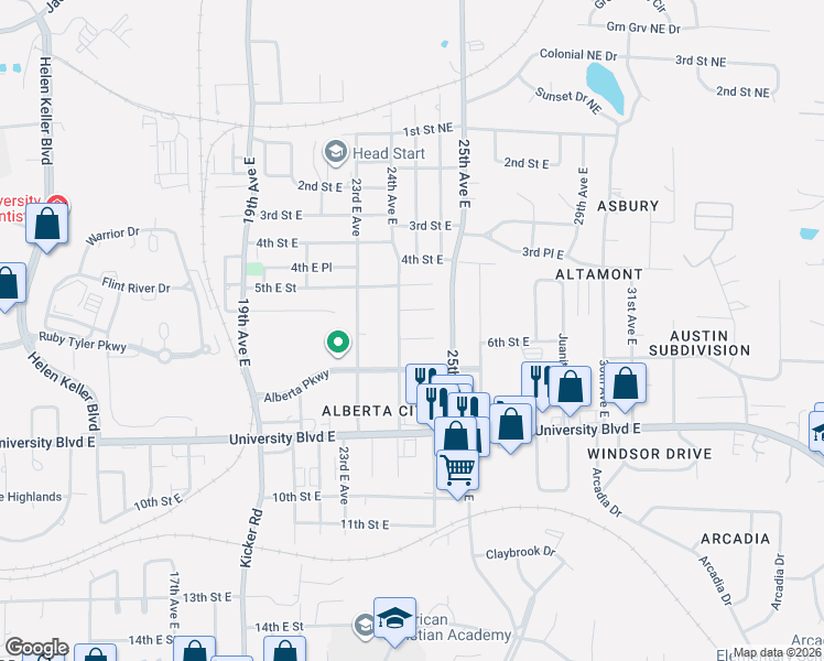 map of restaurants, bars, coffee shops, grocery stores, and more near 2407 5th Place East in Tuscaloosa