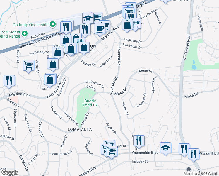 map of restaurants, bars, coffee shops, grocery stores, and more near 231 Cottingham Court in Oceanside