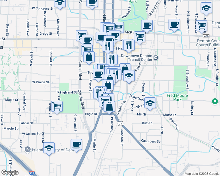 map of restaurants, bars, coffee shops, grocery stores, and more near 514 South Locust Street in Denton