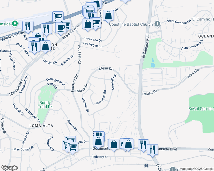 map of restaurants, bars, coffee shops, grocery stores, and more near 359 Compass Road in Oceanside