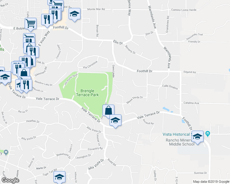 map of restaurants, bars, coffee shops, grocery stores, and more near 222 Alta Mesa Drive in Vista