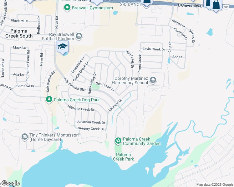 map of restaurants, bars, coffee shops, grocery stores, and more near 2612 Sun Creek Drive in Little Elm